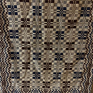 May include: A woven textile with a repeating pattern of squares in shades of beige, brown, and navy blue. The fabric has a textured appearance, with a detailed border along the bottom edge. The overall design is geometric and symmetrical.