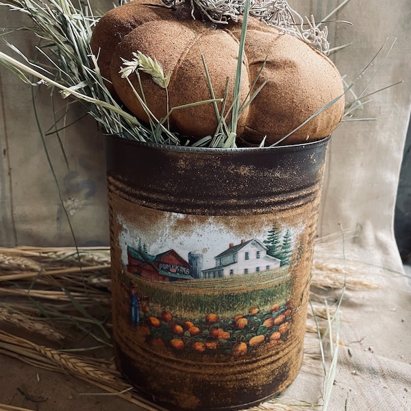 Primitive Fall Halloween Pumpkin in large Can with print pumpkin patch