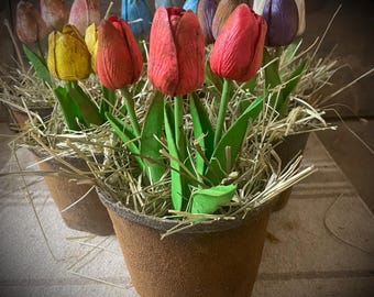 Large Primitive Grunged Faux Tulips In Pot 8x6 Red, White, Pink, Yellow Or Purple