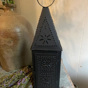 Primitive Punch Tin Steeple Lantern Black