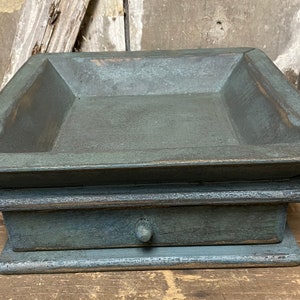 Primitive Wooden Tray with Drawer 12x12x4 Country Blue