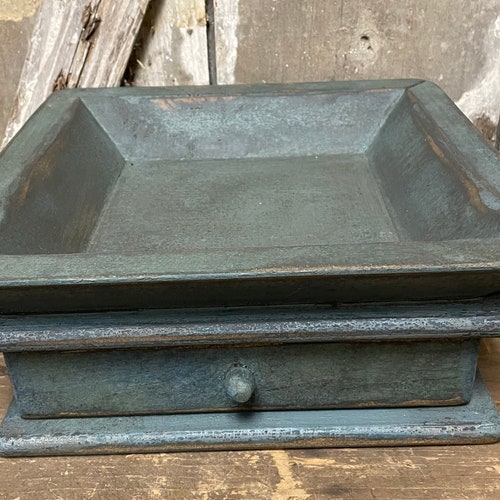 Primitive Wooden Tray with Drawer 12x12x4 Country Blue