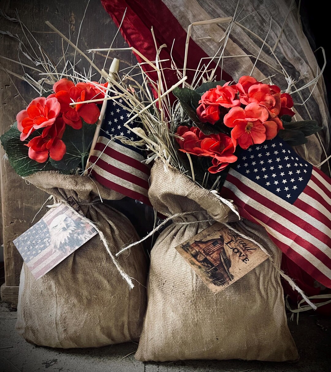 Small Primitive Spring Faux Geranium Americana Feedsac Bag Shelf Sitter ...