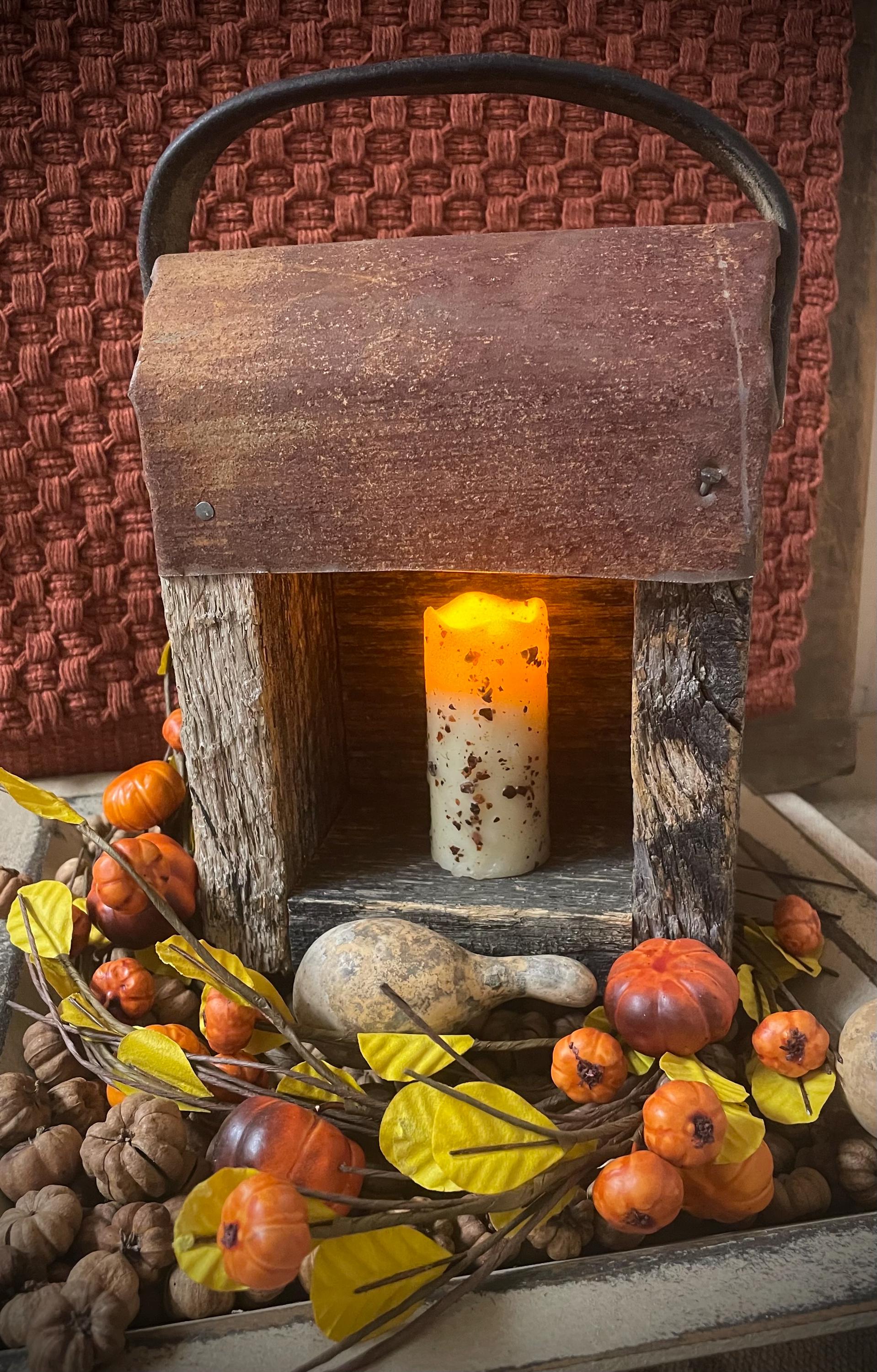 Primitive Small Old Wooden Lantern with Strap 8x6x4