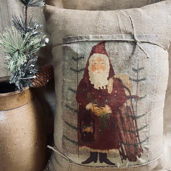 Primitive Feedsac pillow with Santa print