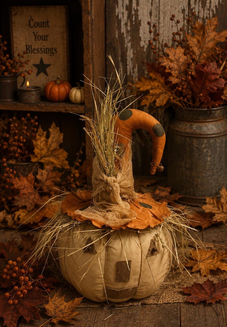 Primitive Fall Halloween Polka Hat Pumpkin Scarecrow Sitter 15x10 - Etsy