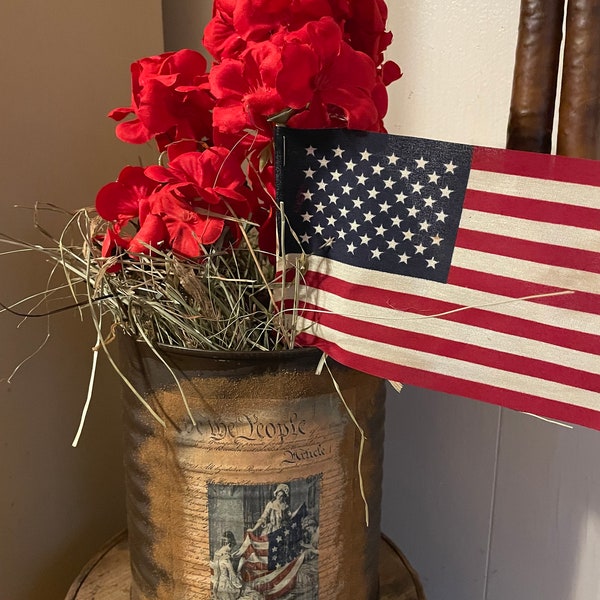 Primitive Americana Red Geranium in Decorative Can