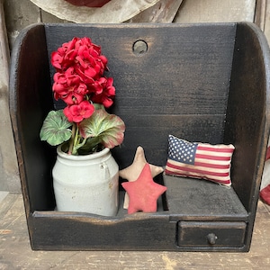 Primitive Wooden Small Bowl Bin With Drawer 15x15x8 Black Over Mustard