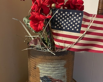 Primitive Americana Red Geranium in Decorative Can 18x6