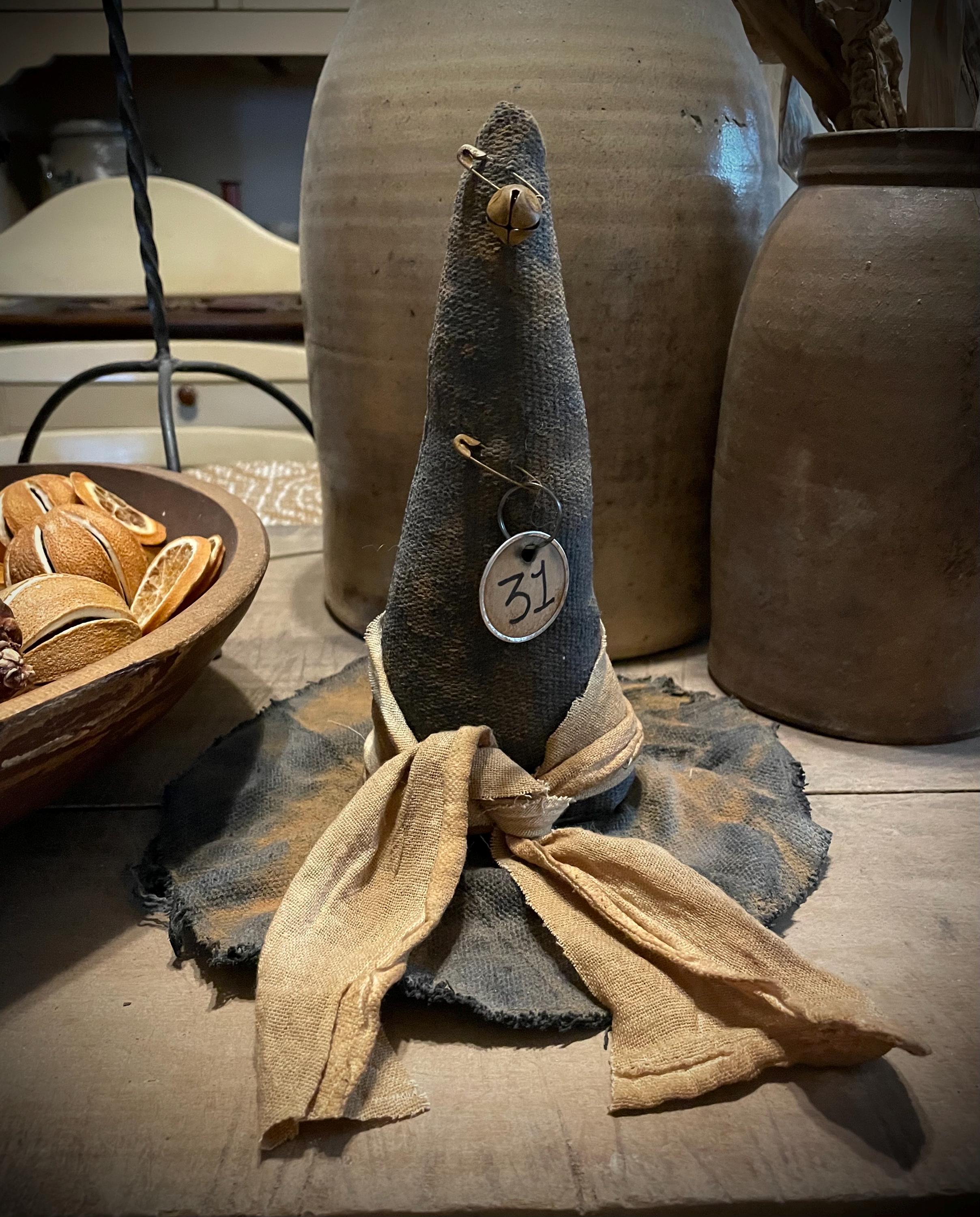 Primitive Halloween fall black  witch hat shelf sitter