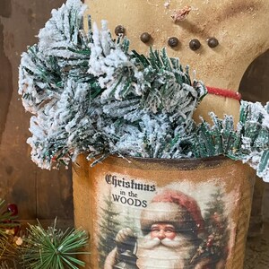 Primitive Short Snowman In Can 15x7 Christmas In Woods