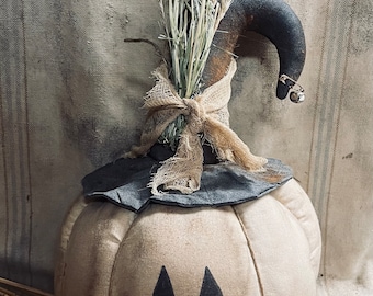 Primitive Fall Farmhouse Off White Halloween Pumpkin Jack o Lantern Sitter