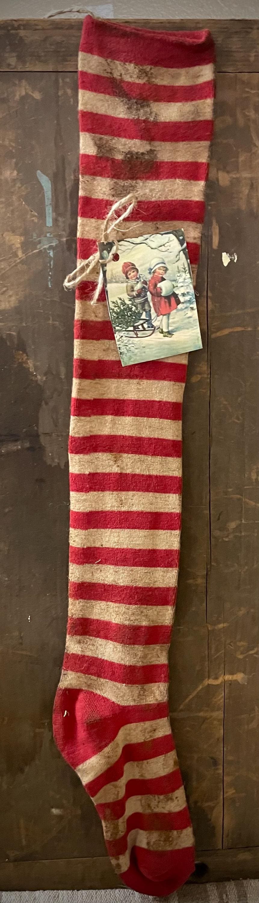 Primitive Grungy Stained  Christmas Red and White striped Stocking
