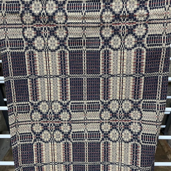 Primitive Coverlet 56 Inch Long Table Runner Blue/Red/Tan