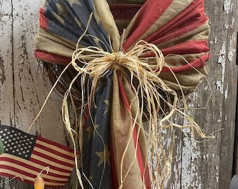 Primitive 14 Inch Wreath With Flag Scarf Americana