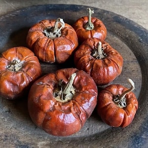 May include: Six small, dried, orange pumpkins on a wooden surface. The pumpkins are all different sizes and shapes, and they have a rustic, vintage look.