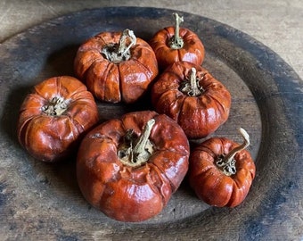 May include: Six small, dried, orange pumpkins on a wooden surface. The pumpkins are all different sizes and shapes, and they have a rustic, vintage look.
