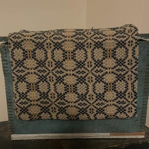 Primitive Coverlet 56 Inch Long Table Runner Blue/Tan/Mustard
