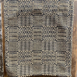 May include: A woven textile blanket featuring a repeating geometric pattern in contrasting black and tan threads. The fabric displays a dense, textured weave with a grid-like arrangement of squares and intersecting lines throughout the entire surface.