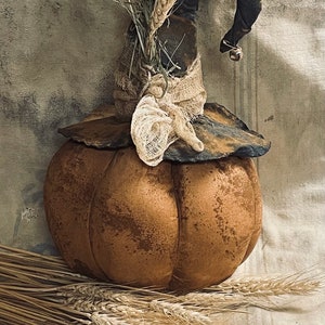 Primitive Fall Halloween Pumpkin with Witch Hat Sitter