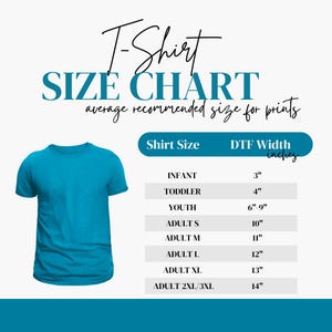 K&ouml;nnte beinhalten: Eine Tabelle, die die empfohlene DTF-Druckbreite f&uuml;r verschiedene T-Shirt-Gr&ouml;&szlig;en zeigt. Die Tabelle enth&auml;lt Gr&ouml;&szlig;en f&uuml;r Kleinkind, Kleinkind, Jugend, Erwachsene S, Erwachsene M, Erwachsene L, Erwachsene XL und Erwachsene 2XL/3XL. Die Druckbreiten werden in Zoll gemessen.