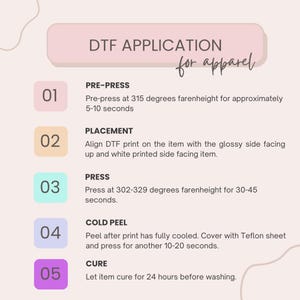 K&ouml;nnte beinhalten: Eine rosa und wei&szlig;e Infografik mit dem Titel "DTF APPLICATION for apparel" und f&uuml;nf Schritten zum Aufbringen eines DTF-Transfers auf Kleidung. Die Schritte sind: 1. Vorpressen, 2. Platzierung, 3. Pressen, 4. Kalt abziehen, und 5. Aush&auml;rten.