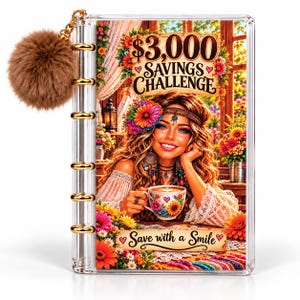 May include: A clear plastic binder with gold-tone rings and a brown faux-fur pom-pom charm. The cover features a colorful illustration of a person with long wavy hair, flowers, and a coffee cup, with the text $3,000 SAVINGS CHALLENGE and Save with a Smile.