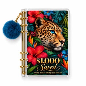 May include: A clear plastic binder featuring a leopard and tropical flowers with blue eyes. The cover displays the text $1,000 Saved and Every dollar brings you closer. A gold-tone metal ring mechanism holds the pages, and a blue pom-pom charm hangs from the top ring.