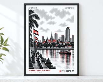 Asian Cities Wall Art • Printable Cambodia Poster • Phnom Penh Print-Ready Download • MURI-8 Dot-Matrix