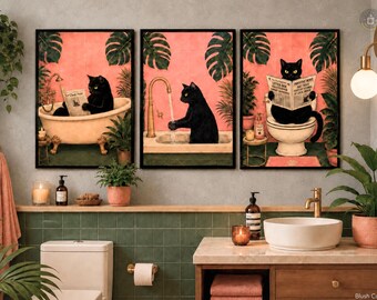 Set of 3 Black Cat Bathroom Prints – Whimsical Giclée Canvas Wall Art (Waterproof)