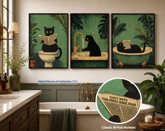 Set of 3 Bathroom Prints — Whimsical Cat Wall Art | CENJI Studio Canvas (Waterproof & Wrinkle-Free)