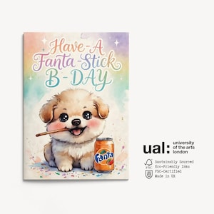 UAL Puppy Birthday Card | Puppy Watercolor Art Print, Fanta Stick Greeting (5x7 inches)