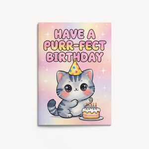 Chibi Cat Birthday Card • Watercolor Kitten with Party Hat & Cake (5x7 inches)