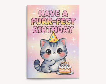 Chibi Cat Birthday Card • Watercolor Kitten with Party Hat & Cake (5x7 inches)