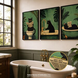 Bathroom Wall Art (Set of 3) — Whimsical Black Cat Prints (Green) | FBC × CENJI Canvas (Waterproof & Wrinkle-Free)