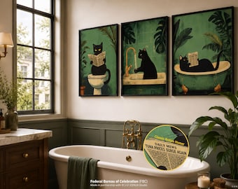 Bathroom Wall Art (Set of 3) — Whimsical Black Cat Prints (Green) | FBC × CENJI Canvas (Waterproof & Wrinkle-Free)