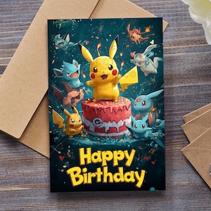 Cute Happy Birthday Card – Anime-Inspired Pikachu Design – Fun Card for Friends, Gamers, Adults, Kids