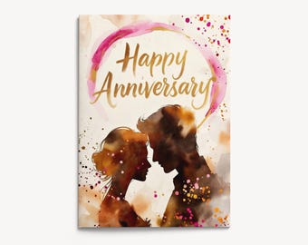 Anniversary Card – Watercolor Couple Silhouette, Gold Brush Lettering (5x7")