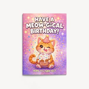 Orange Kitten Birthday Card | Meow-gical Cat Art, Cupcake, Party Hat (5x7 inches)