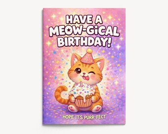 Orange Kitten Birthday Card | Meow-gical Cat Art, Cupcake, Party Hat (5x7 inches)