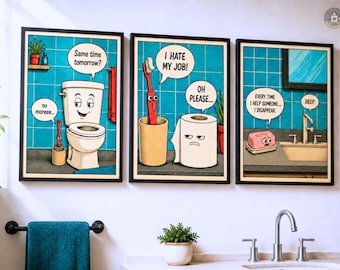 Bathroom Wall Art (Set of 3) — Whimsical Wall Decor | Giclée Canvas (Waterproof)