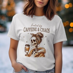 Fueled By Caffeine and Chaos T-Shirt, Funny Skeleton Drinking Coffee Design, Fun Graphic Tee for Coffee Lovers, Unique Gift Idea