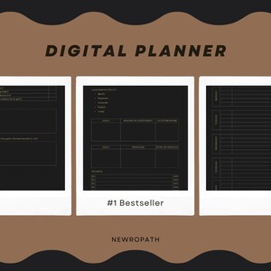 Pode incluir: Um planejador digital com três seções. A primeira seção é uma folha de trabalho para definir metas com fundo preto e texto dourado. A segunda seção é um rastreador de hábitos com fundo preto e texto dourado. A terceira seção é um planejador diário com fundo preto e texto dourado. O texto "#1 Bestseller" e "NEWROPATH" está na parte inferior da imagem.