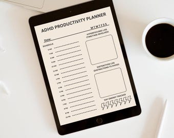 May include: A black tablet displaying an ADHD productivity planner with sections for scheduling, hyperfocused logs, and distraction logs. The text "DOWNLOAD NOW" and a website address are visible.