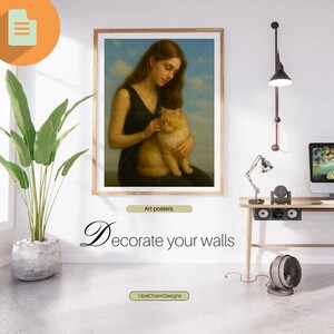 Woman and Cat Art – Realistic Outdoor Portrait – Gentle Moment Wall Print – Pet Lover Digital Poster