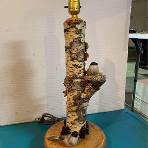 Handcrafted White Birch Adirondack Style Table Lamp