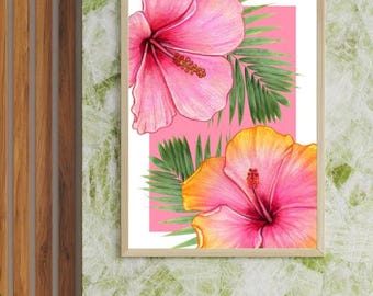 Lebendige tropische Wandkunst | Hibiskus & Palme Kunst | Tropischer Wanddruck | Küsten botanisches Poster | Island Chic Hauptkunst