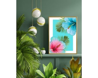Lebendige tropische Wandkunst | Hibiskus & Palme Kunst | Tropischer Wanddruck | Küsten botanisches Poster | Island Chic Hauptkunst