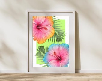 Lebendige tropische Wandkunst | Hibiskus & Palme Kunst | Tropischer Wanddruck | Küsten botanisches Poster | Island Chic Hauptkunst