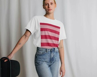 Pink Horizontal Stripes | Organic Cotton Relaxed Fit White Tee
